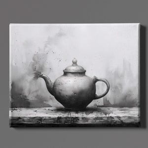 May include: Monochrome painting of a teapot with a lid, handle, and spout. The teapot is positioned on a wooden surface, with a blurred background. The artwork is on a canvas.