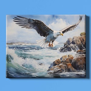 Eagle Art Print | Ocean Wave Wall Art | Boulders Artwork | Seascape Art Print | Sea Art | Ocean Wave Watercolor Painting | Instant Download