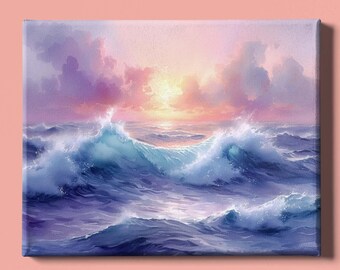 Impresión artística de amanecer: Descarga instantánea: Pintura en acuarela del sol saliendo sobre el océano