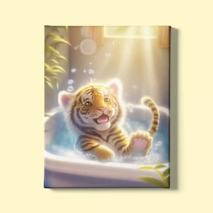 Impresión artística de cachorro de tigre: Descarga instantánea: Acuarela de un cachorro en la bañera