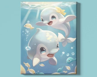 Baby Dolphin Art Print Instant Download: A Printable of Two Dolphins Frolicking in the Ocean