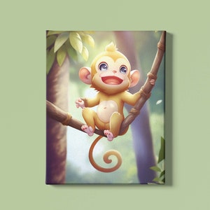 Lámina de mono bebé / Arte mural de mono bebé / Arte Montessori para niños pequeños / Láminas de animales para bebés / Ilustraciones de animales de la jungla / Descarga instantánea