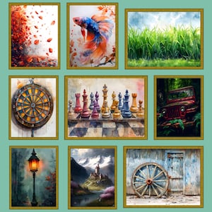 Peut inclure: Une collection de neuf peintures à l'aquarelle encadrées. Les peintures représentent diverses scènes, notamment une cible de fléchettes, un jeu d'échecs, une jeep rouge, un poisson, de hautes herbes, un lampadaire, une scène de montagne, une roue en bois et des feuilles qui tombent.