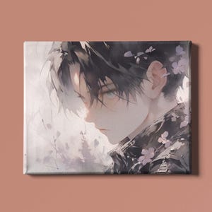 May include: Canvas art print depicting a side profile of a person with dark hair and light eyes. The artwork has a soft, watercolour style with floral accents and a muted colour palette. The canvas is displayed against a solid, peach-coloured background.