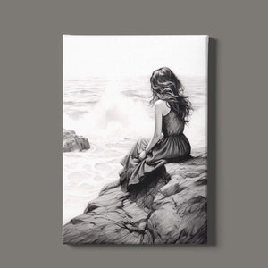 Mädchen am Meer Poster | Mädchen Wand Kunst | Kohle Skizze Print | Schwarz-weißes Poster | Monochrome Kunst | Frauenbild | Sofort Download