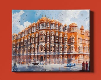 Impresión artística de Hawa Mahal: acuarela de la ciudad rosa de la India. Descarga instantánea.