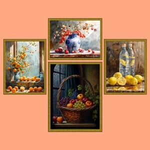 4 Still Life Fruit Print Set | Fruit Wall Art Print | Fruit Basket Art | Orange Art | Lemon Art | Grape Artwork | Digital Download Bundle