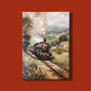 May include: A vintage steam train with smoke billowing from its chimney travels through a lush green countryside. The train is on a track with a small house in the background.
