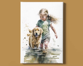 Arte para impressão digital com download instantâneo de um cachorrinho: uma ilustração para imprimir de uma menina com seu filhote.