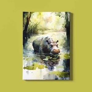 Hippo Art Print | Hippopotamus Wall Art | African Animal Art Print | Watercolor Wild Animal | Herbivore Art Wildlife Art | Instant Download