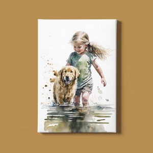 Fille avec un chien | Art mural enfant et chien | Créations Golden Retriever | Aquarelle de chien de compagnie | Imprimé animal de compagnie | Amoureux des animaux de compagnie | Téléchargement instantané