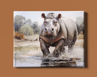 May include: A watercolor painting of a hippopotamus walking through a shallow body of water. The hippopotamus is facing the viewer and has its mouth slightly open. The water is a light blue color and there are some trees in the background.