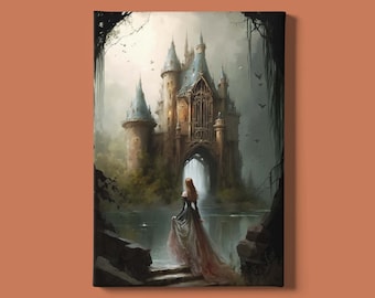 Princess Art Print Instant Download: een afdrukbaar kunstwerk van een prinses en haar kasteel