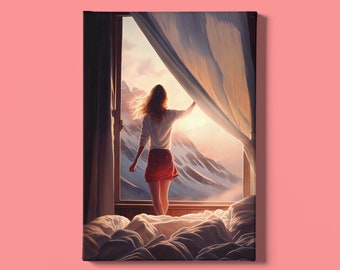 Girl Art Print | Snowy Mountain Wall Art | Holiday Art | Travel Art Print | Sunrise Art Print | Nature Inspired Art Print | Instant Download
