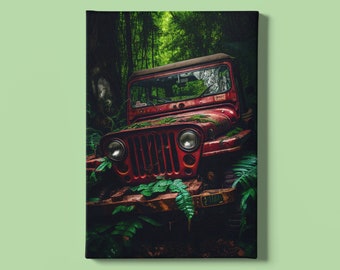 Jeep Wall Art Print | Abandoned Artwork | Antique Car Prints | Vintage Vehicle Print | Nature Artwork | Forest Art Print | Instant Download