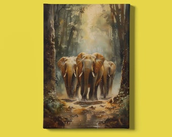 Elephant Art Print Instant Download: Watercolor Painting of Three African Elephants Walking Through a Jungle