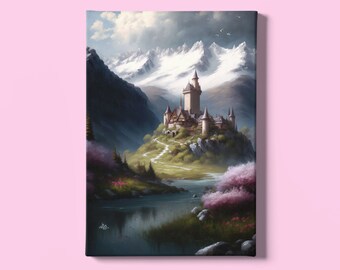 Medieval Castle Art Print | Castle Wall Art | Landscape Print | Snowy Mountains Painting | Creek Art | Vintage Art Print | Instant Download