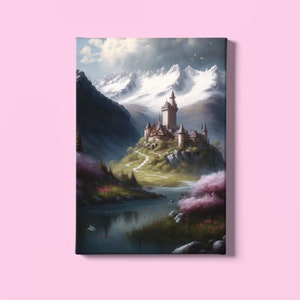 Medieval Castle Art Print | Castle Wall Art | Landscape Print | Snowy Mountains Painting | Creek Art | Vintage Art Print | Instant Download