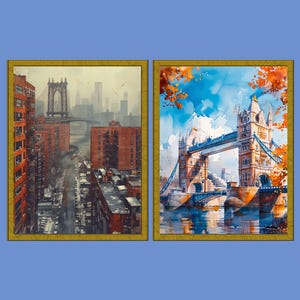 2 Historical Bridge Art Print Set | Cityscape Wall Art | Brooklyn Bridge Art | London Bridge Art | New York Print | Digital Download Bundle