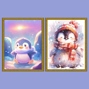 May include: Two framed watercolor paintings of adorable penguins. One penguin is wearing a blue scarf, set against a snowy landscape with a sunset. The other penguin is wearing a red and white scarf and hat, with snowflakes falling around it.