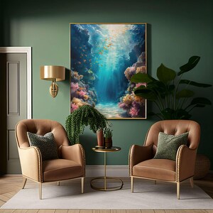 This marine life wall art printable showcases the underwater seascape. A school of deep-sea fish moves around, while bright coral reefs in the surroundings add to the scene's charm. This print will look great in homes with modern or minimalist décor.