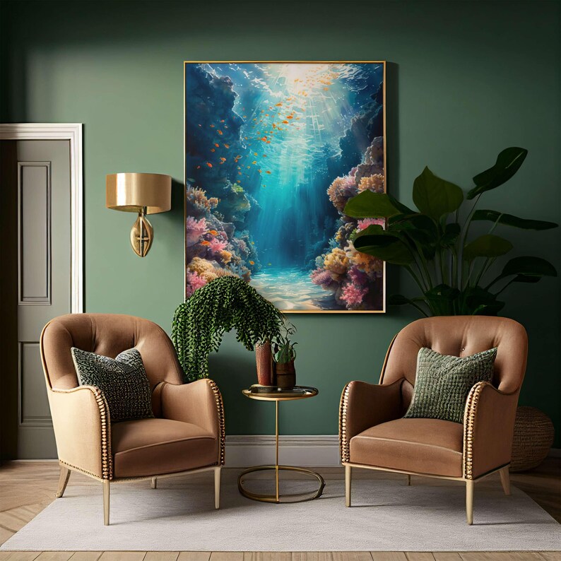 This marine life wall art printable showcases the underwater seascape. A school of deep-sea fish moves around, while bright coral reefs in the surroundings add to the scene's charm. This print will look great in homes with modern or minimalist décor.