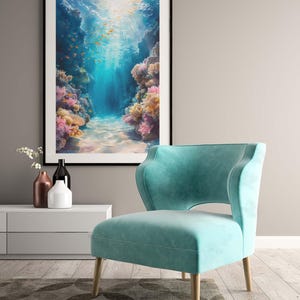 This marine life wall art printable showcases the underwater seascape. A school of deep-sea fish moves around, while bright coral reefs in the surroundings add to the scene's charm. This print will look great in homes with modern or minimalist décor.