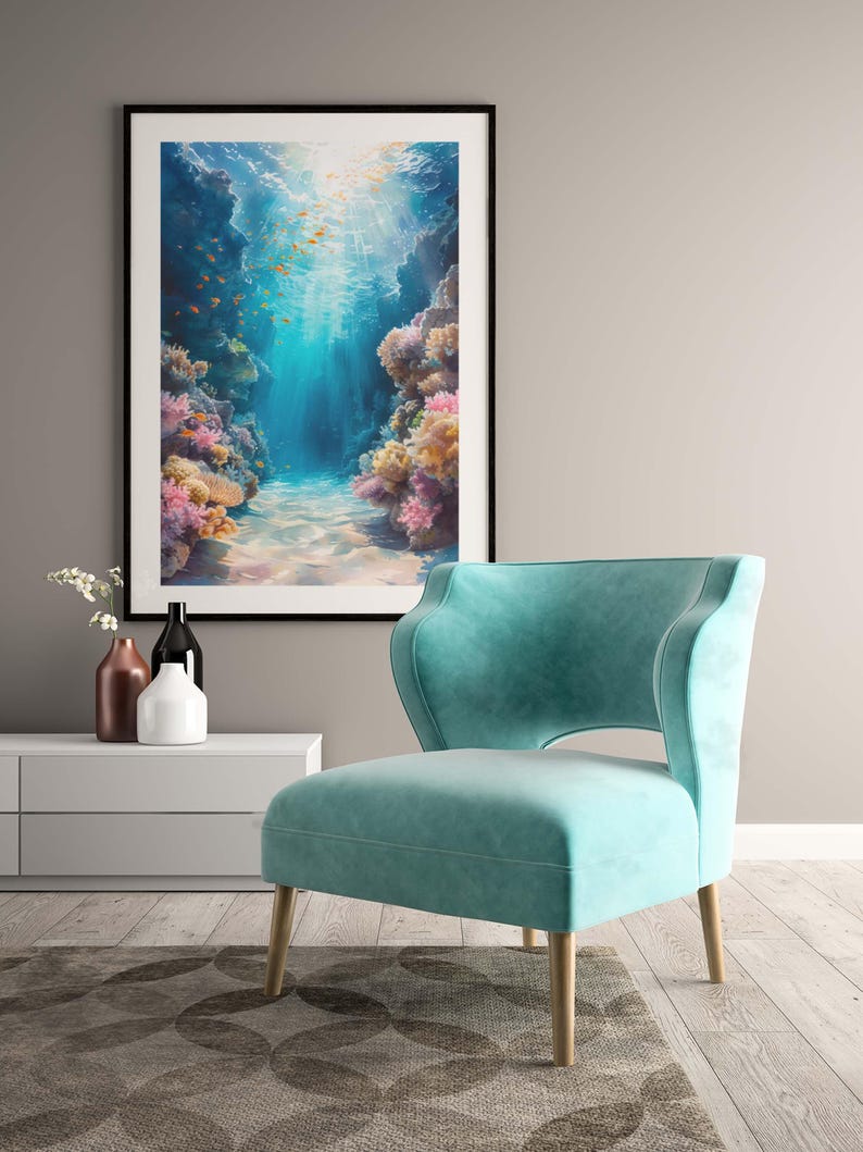This marine life wall art printable showcases the underwater seascape. A school of deep-sea fish moves around, while bright coral reefs in the surroundings add to the scene's charm. This print will look great in homes with modern or minimalist décor.