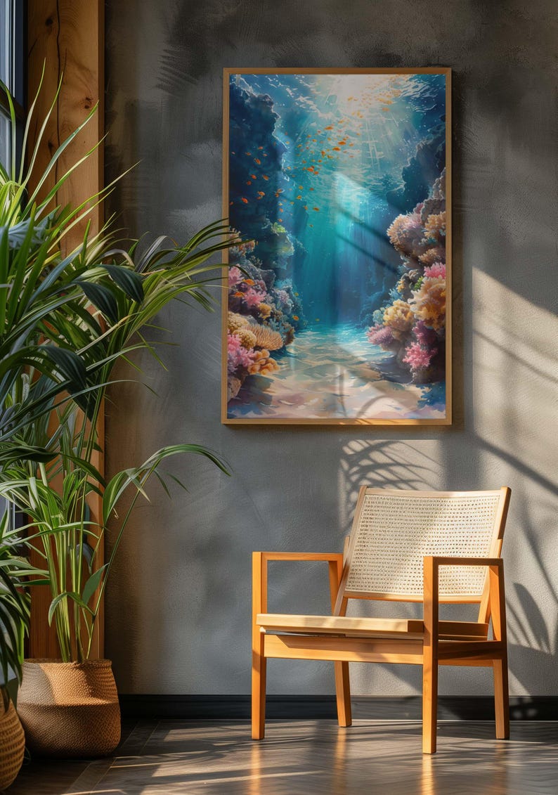 This marine life wall art printable showcases the underwater seascape. A school of deep-sea fish moves around, while bright coral reefs in the surroundings add to the scene's charm. This print will look great in homes with modern or minimalist décor.