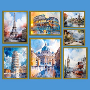 7 European City Art Print Set | France Art | Italy Art | New York Art | Vatican Art | Cityscape Wall Art Print | Digital Download Bundle