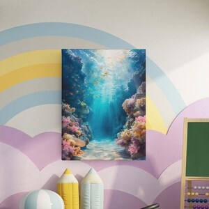 This marine life wall art printable showcases the underwater seascape. A school of deep-sea fish moves around, while bright coral reefs in the surroundings add to the scene's charm. This print will look great in homes with modern or minimalist décor.