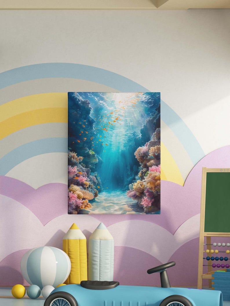 This marine life wall art printable showcases the underwater seascape. A school of deep-sea fish moves around, while bright coral reefs in the surroundings add to the scene's charm. This print will look great in homes with modern or minimalist décor.