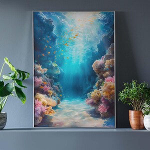This marine life wall art printable showcases the underwater seascape. A school of deep-sea fish moves around, while bright coral reefs in the surroundings add to the scene's charm. This print will look great in homes with modern or minimalist décor.