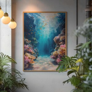 This marine life wall art printable showcases the underwater seascape. A school of deep-sea fish moves around, while bright coral reefs in the surroundings add to the scene's charm. This print will look great in homes with modern or minimalist décor.