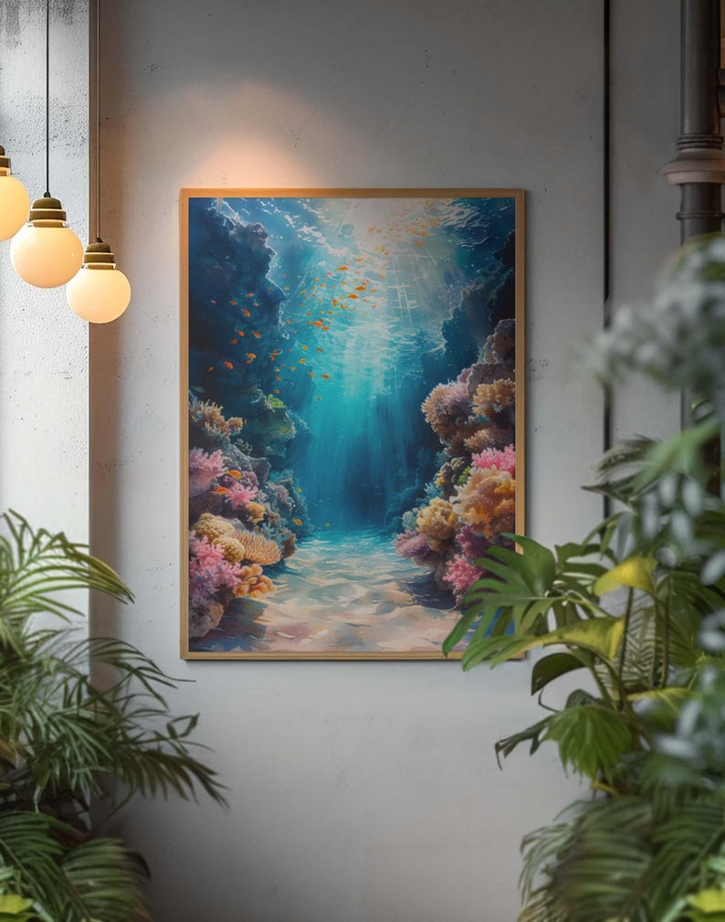 This marine life wall art printable showcases the underwater seascape. A school of deep-sea fish moves around, while bright coral reefs in the surroundings add to the scene's charm. This print will look great in homes with modern or minimalist décor.