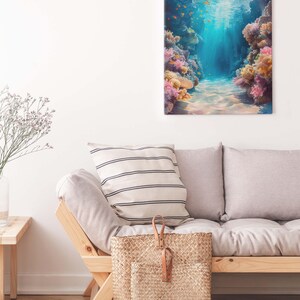 This marine life wall art printable showcases the underwater seascape. A school of deep-sea fish moves around, while bright coral reefs in the surroundings add to the scene's charm. This print will look great in homes with modern or minimalist décor.