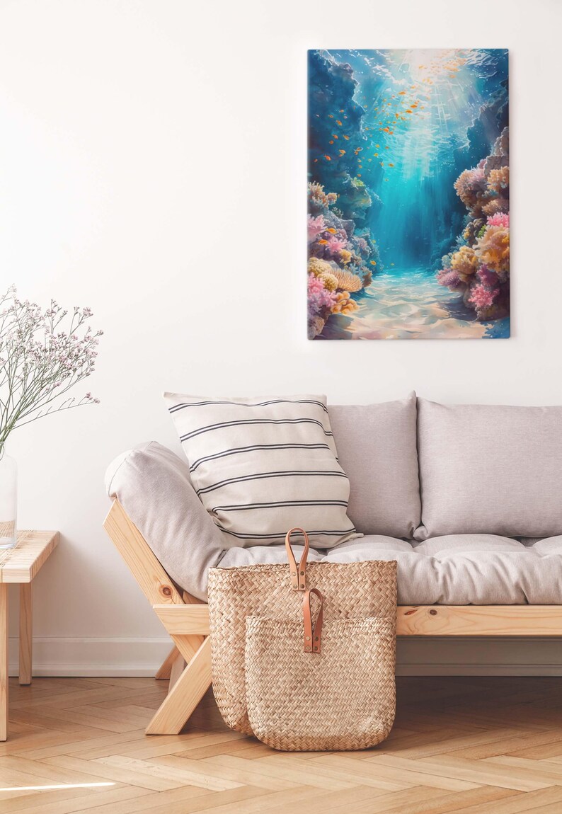 This marine life wall art printable showcases the underwater seascape. A school of deep-sea fish moves around, while bright coral reefs in the surroundings add to the scene's charm. This print will look great in homes with modern or minimalist décor.
