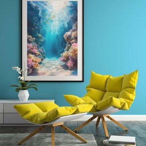 This marine life wall art printable showcases the underwater seascape. A school of deep-sea fish moves around, while bright coral reefs in the surroundings add to the scene's charm. This print will look great in homes with modern or minimalist décor.