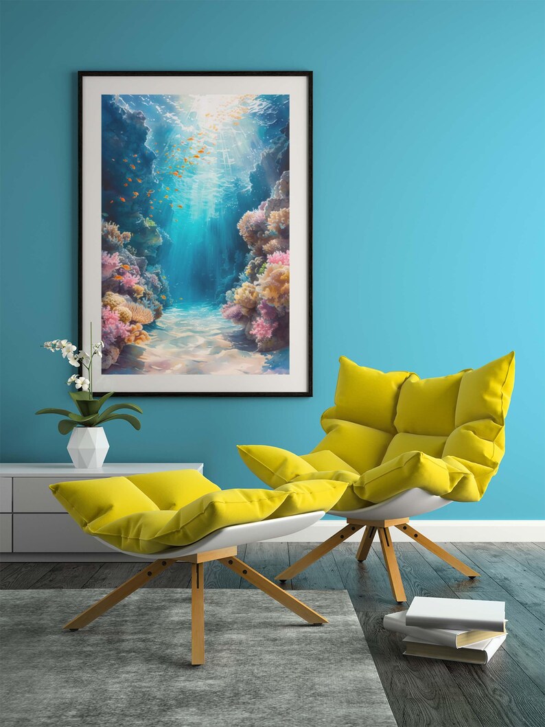 This marine life wall art printable showcases the underwater seascape. A school of deep-sea fish moves around, while bright coral reefs in the surroundings add to the scene's charm. This print will look great in homes with modern or minimalist décor.