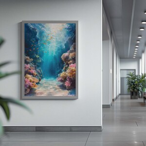 This marine life wall art printable showcases the underwater seascape. A school of deep-sea fish moves around, while bright coral reefs in the surroundings add to the scene's charm. This print will look great in homes with modern or minimalist décor.