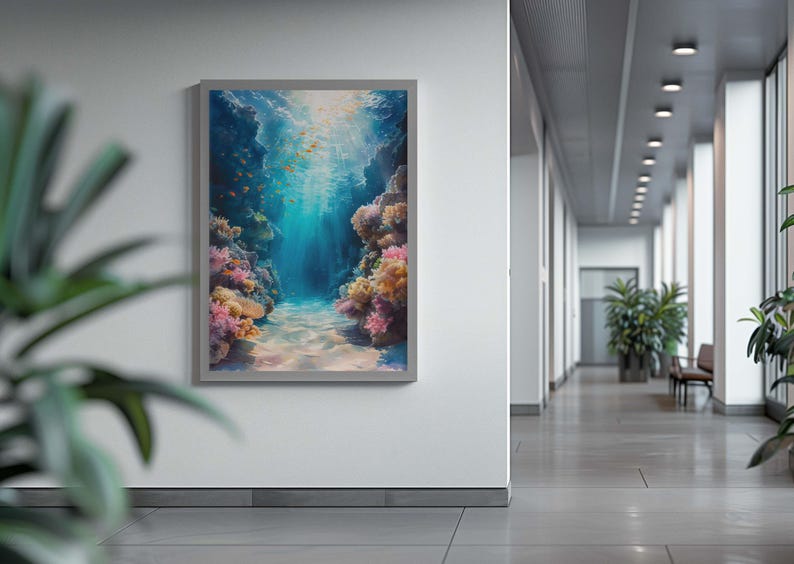 This marine life wall art printable showcases the underwater seascape. A school of deep-sea fish moves around, while bright coral reefs in the surroundings add to the scene's charm. This print will look great in homes with modern or minimalist décor.