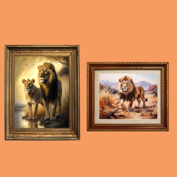 2 Lion Art Print Set | Lion Printable | African Animal Art | Wild Animal Print | Wildlife Art | King of Jungle Art | Digital Download Bundle