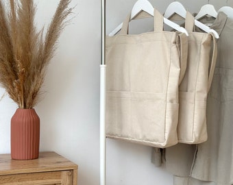 Beige Canvas Tote Bag. Multi-Pockets Bag. Canvas Cotton Handbag. Women Shoulder Bag. Eco bag. Shopping Bag, Casual Bag