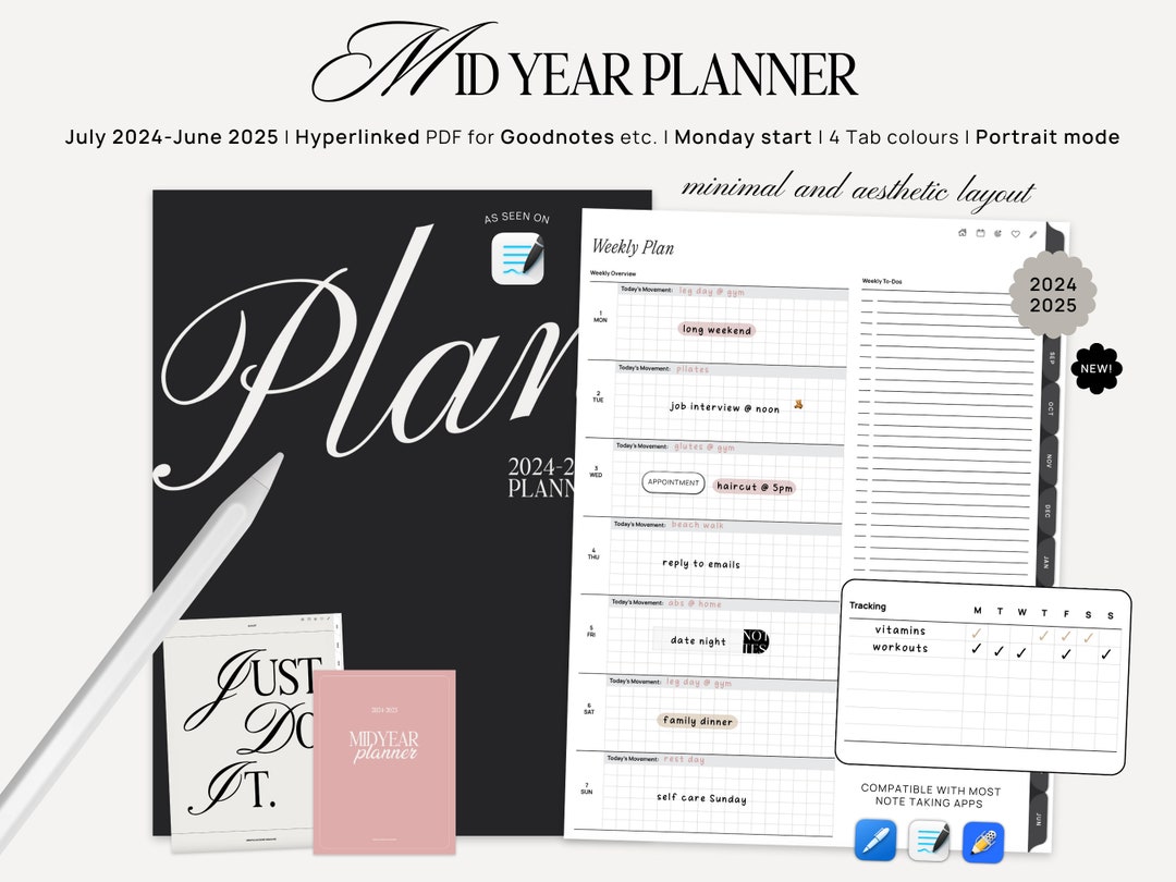 2024-2025 Mid Year Digital Planner for Goodnotes, Notability, Monthly ...
