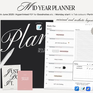 2024-2025 Mid Year Digital Planner for Goodnotes, Notability, Monthly Weekly Daily Templates, Portrait, Minimalist iPad Planner, Stickers