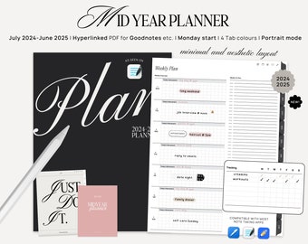 2024-2025 Mid Year Digital Planner for Goodnotes, Notability, Monthly Weekly Daily Templates, Portrait, Minimalist iPad Planner, Stickers