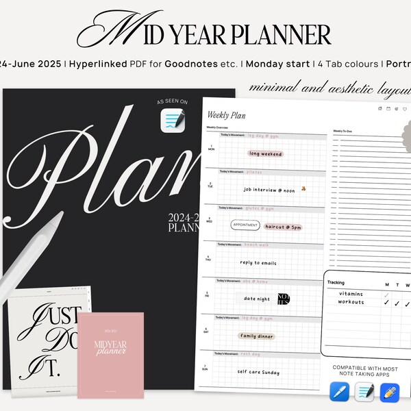 2024 2025 Mid Year Digital Planner for Goodnotes Notability, Monthly