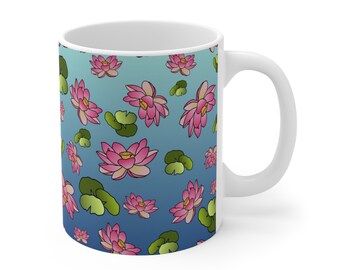Pink Lotus Design 11oz Coffee Mug - Water Lily Mug - Rose of India Flower