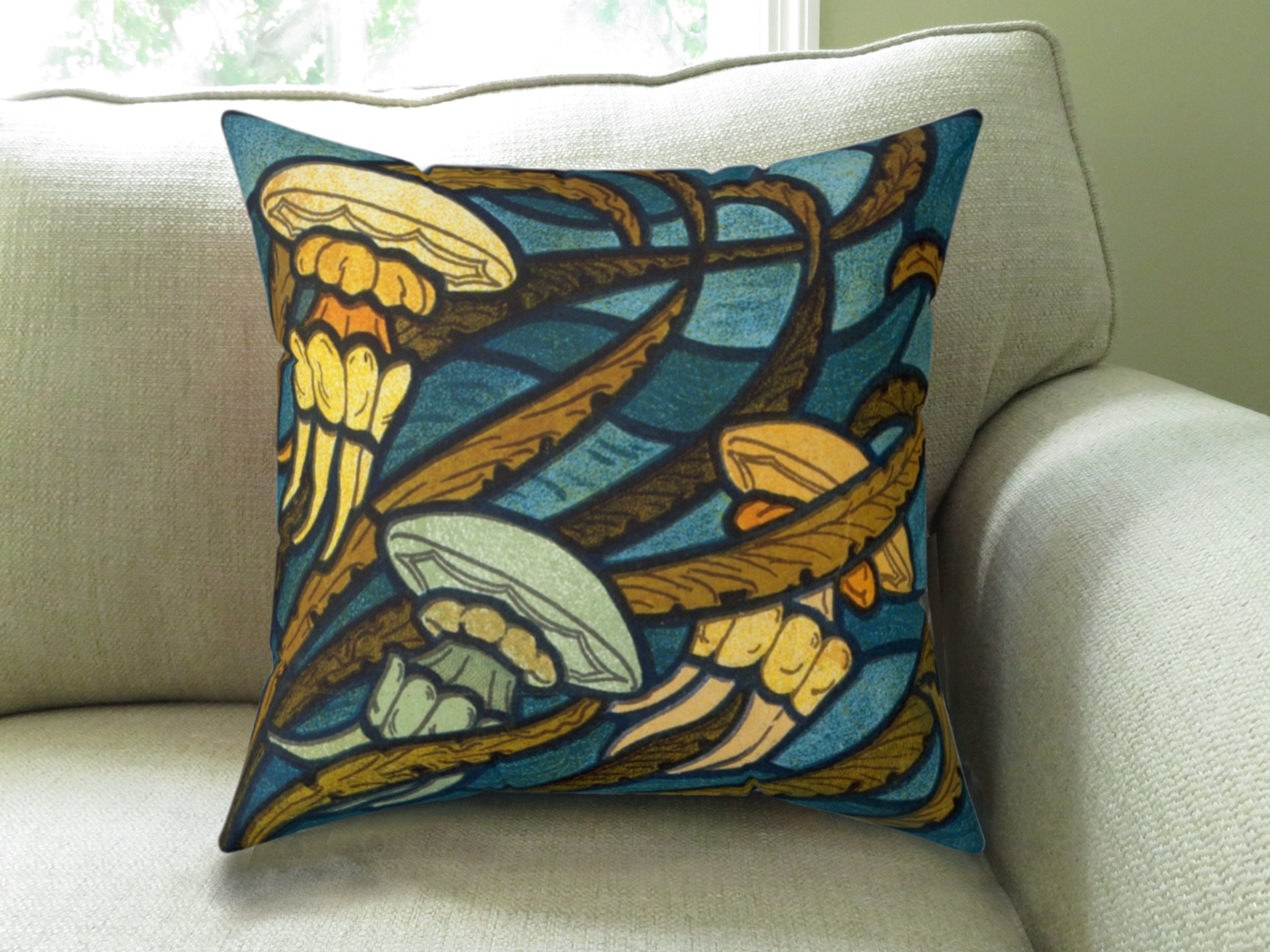 Jellyfish Pillow Stained Glass Look Art Art Nouveau Pillow Turn of the