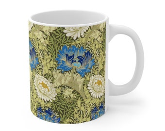 William Morris Chrysanthemum Pattern in Cobalt - 11oz Coffee Mug - Arts & Crafts Movement Patterns